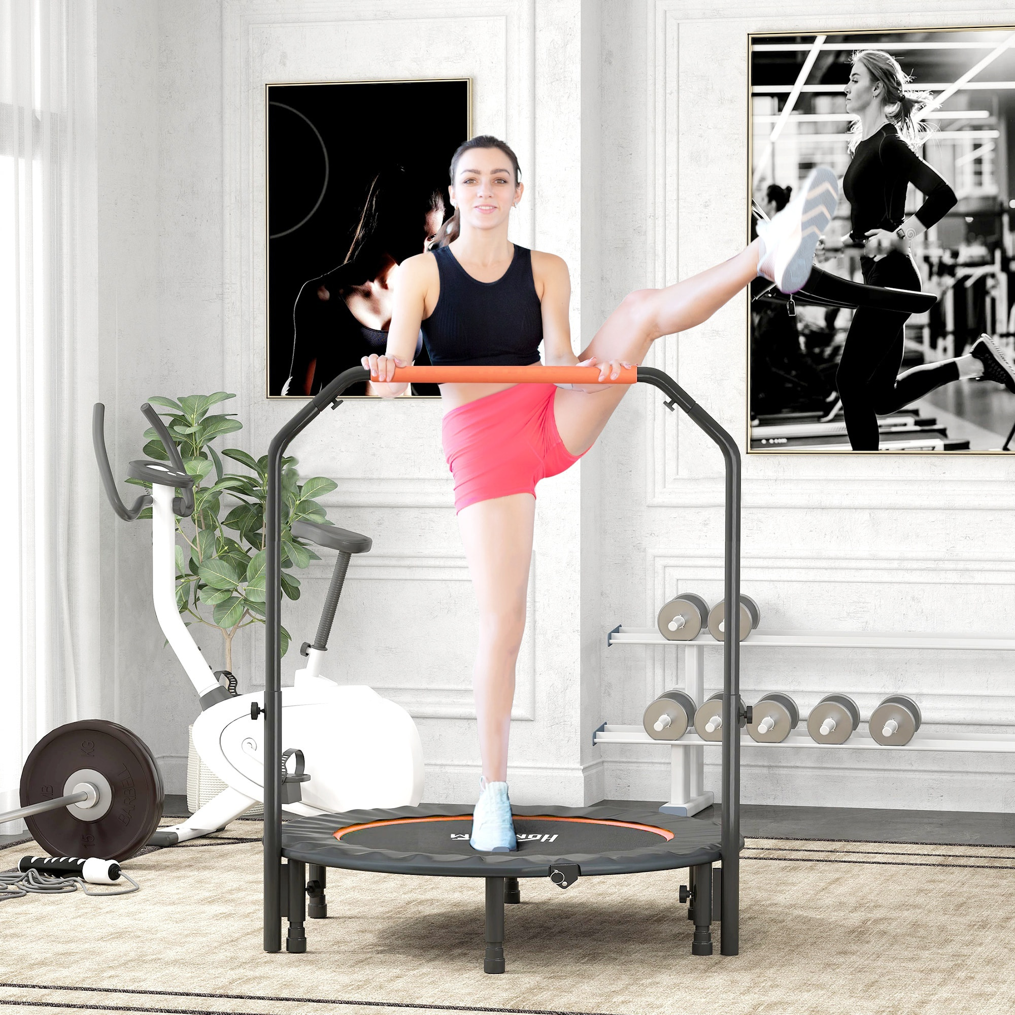 Trampolín de Fitness Adultos Ø114 cm, Cama Elástica Plegable con Mango Ajustable de 4 Niveles, Marco de Acero, para Entrenamiento Piernas, Cuerpo en Hogar, Oficina, Gimnasio, Naranja y Negro