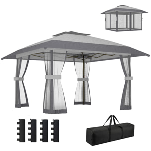 Carpa Plegable 4x4 m, Pop-up, con Doble Techo, 4 Paredes Laterales de Malla, Cenador de Jardín con Altura Ajustable 3 Niveles, Bolsa de Transporte, UPF30+, Gazebo para Camping, Fiestas, Gris
