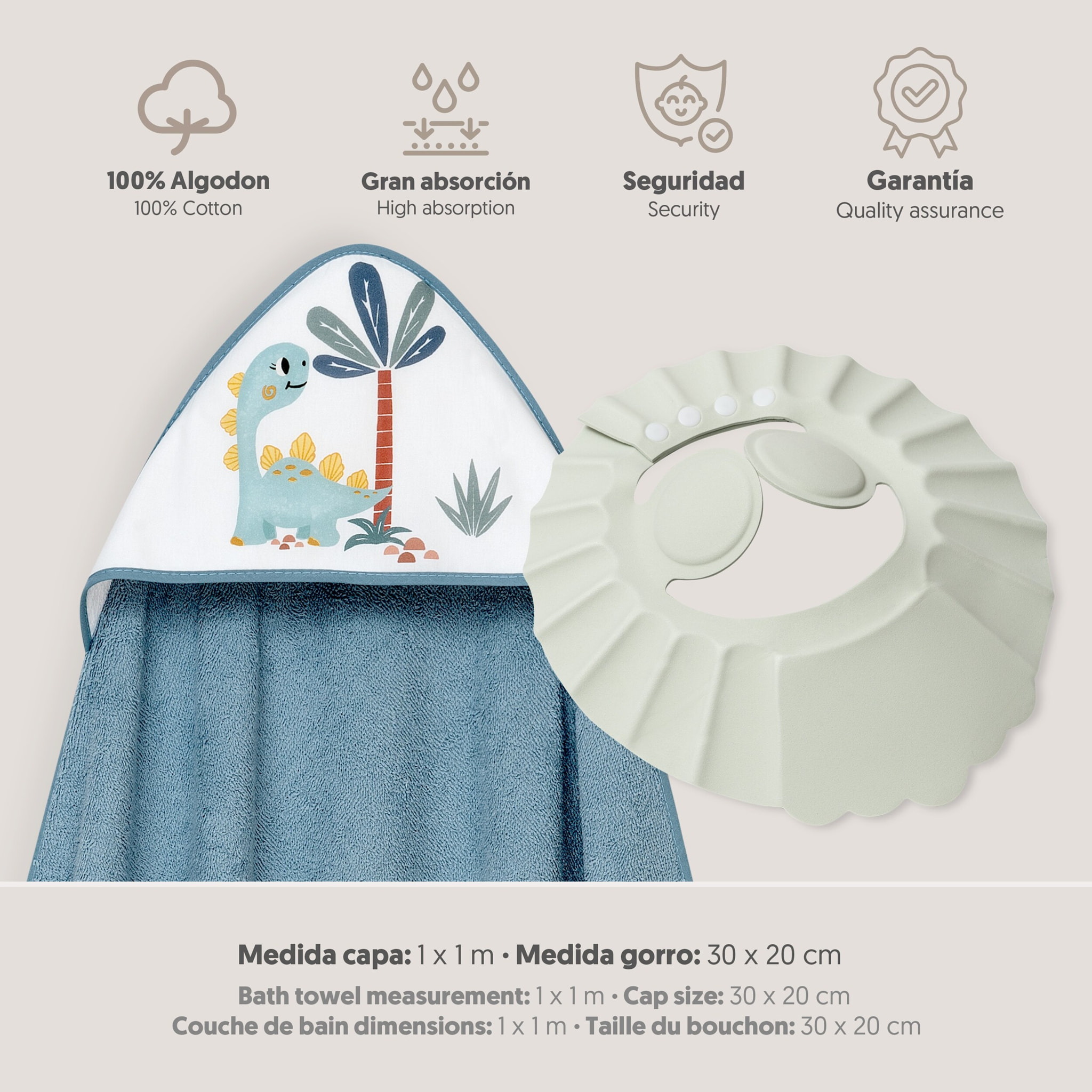 Capa Baño 1X1 Mod Estampado Dinosaurio Palmera+Gorro Petroleo