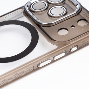 Custodia trasparente con fotocamera coperta e bordi neri. Magsafe per iPhone 17 Pro.