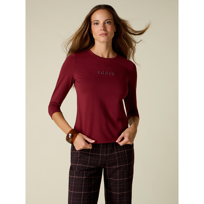Oltre - T-shirt con ricamo lettering gioiello - Bordeaux