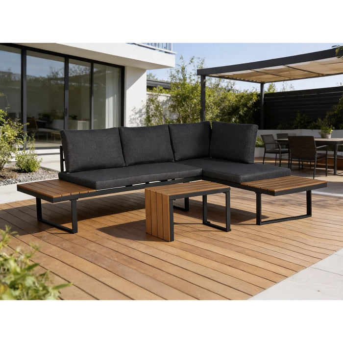 Salon de jardin canapé d'angle modulable décor imitation bois "Sylva" - 4 places - Gris