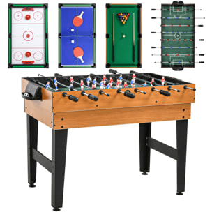 Mesa Multijuegos 4 en 1, Mesa de Juegos con Futbolines, Billar, Hockey, Ping Pong y Accesorios, Fácil Montaje, Compacta, Diversión Familiar para Adultos y Niños, 107x61x84,5 cm, Natural y Negro