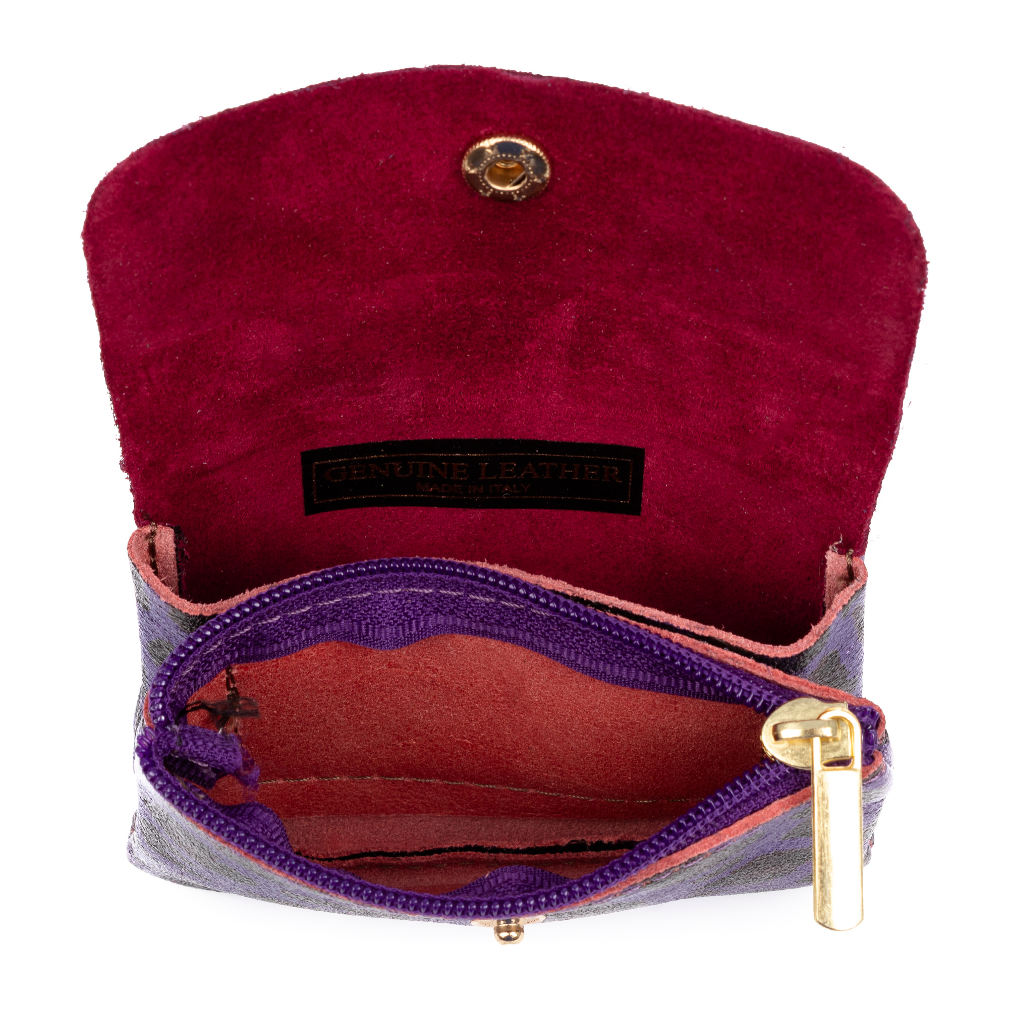 Alpignano portafoglio donna. Pelle scamosciata autentica, design stampa animale leopardato, lucido laccato.