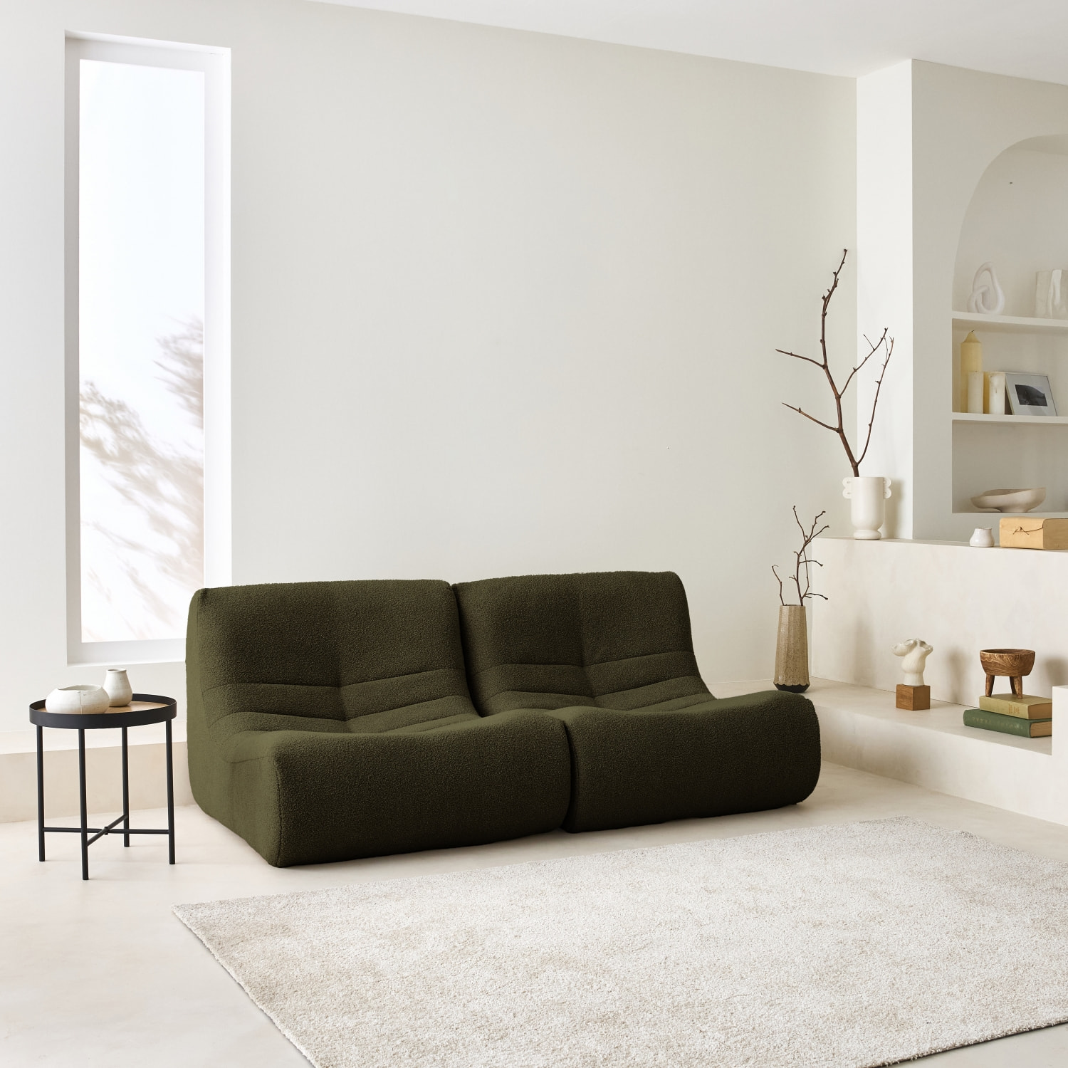 Lot de 2 fauteuils chauffeuses en bouclette texturée kaki style contemporain 1 place