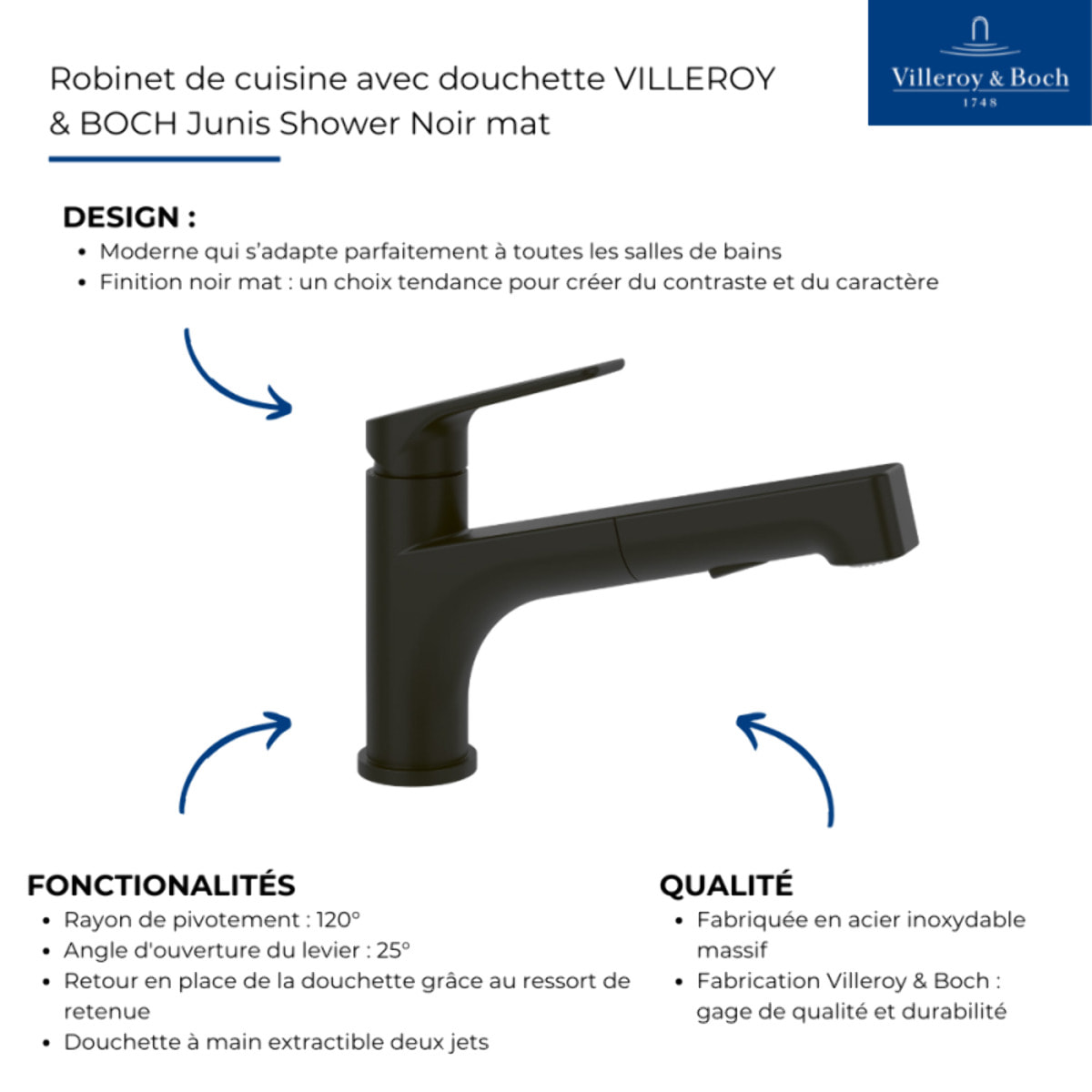 Robinet de cuisine avec douchette VILLEROY & BOCH Junis Shower Noir mat