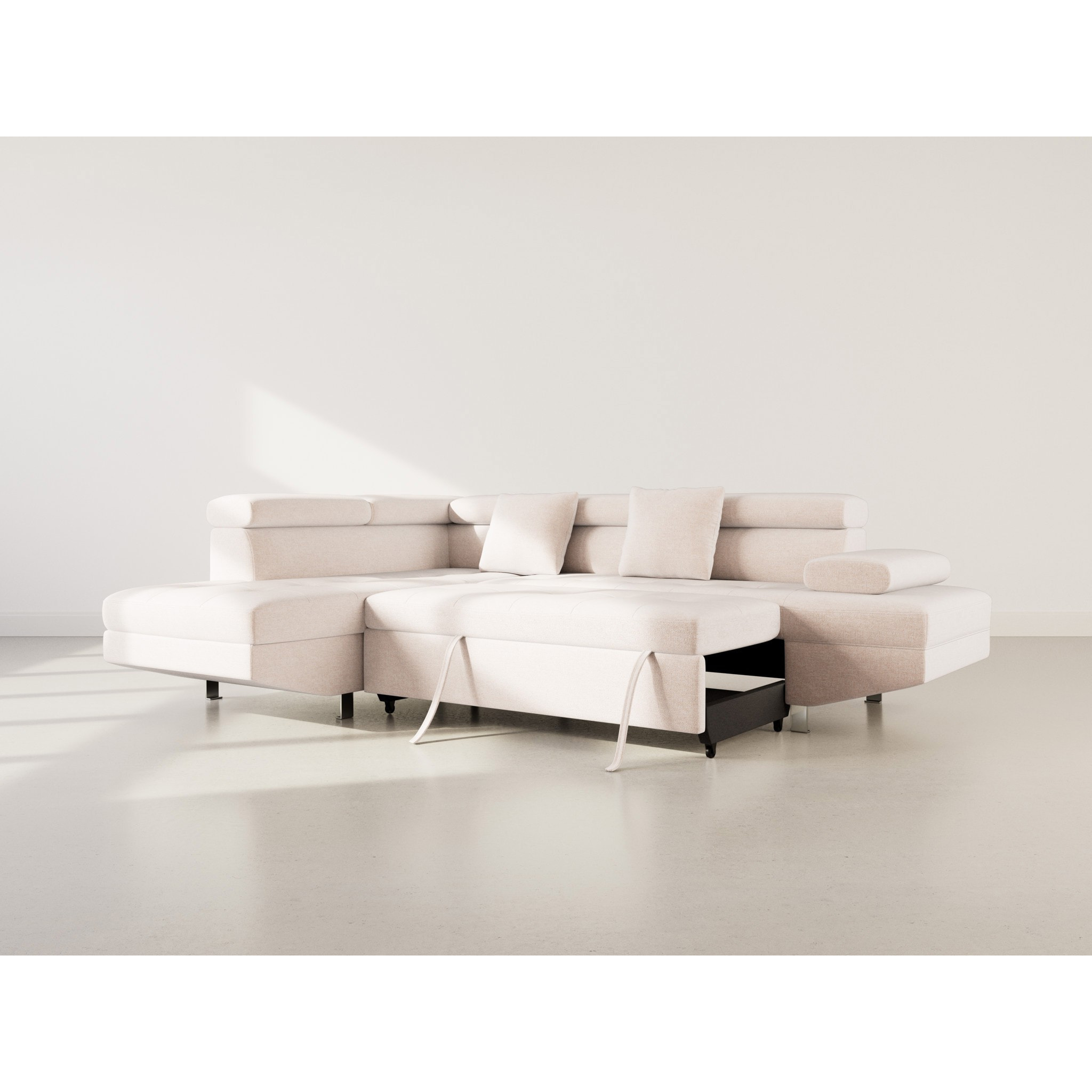 Margaux - Canapé d'angle gauche 5 places convertible avec coffre et têtières réglables en velours texturé - Beige