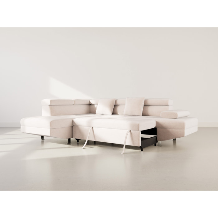 Margaux - Canapé d'angle gauche 5 places convertible avec coffre et têtières réglables en velours texturé - Beige