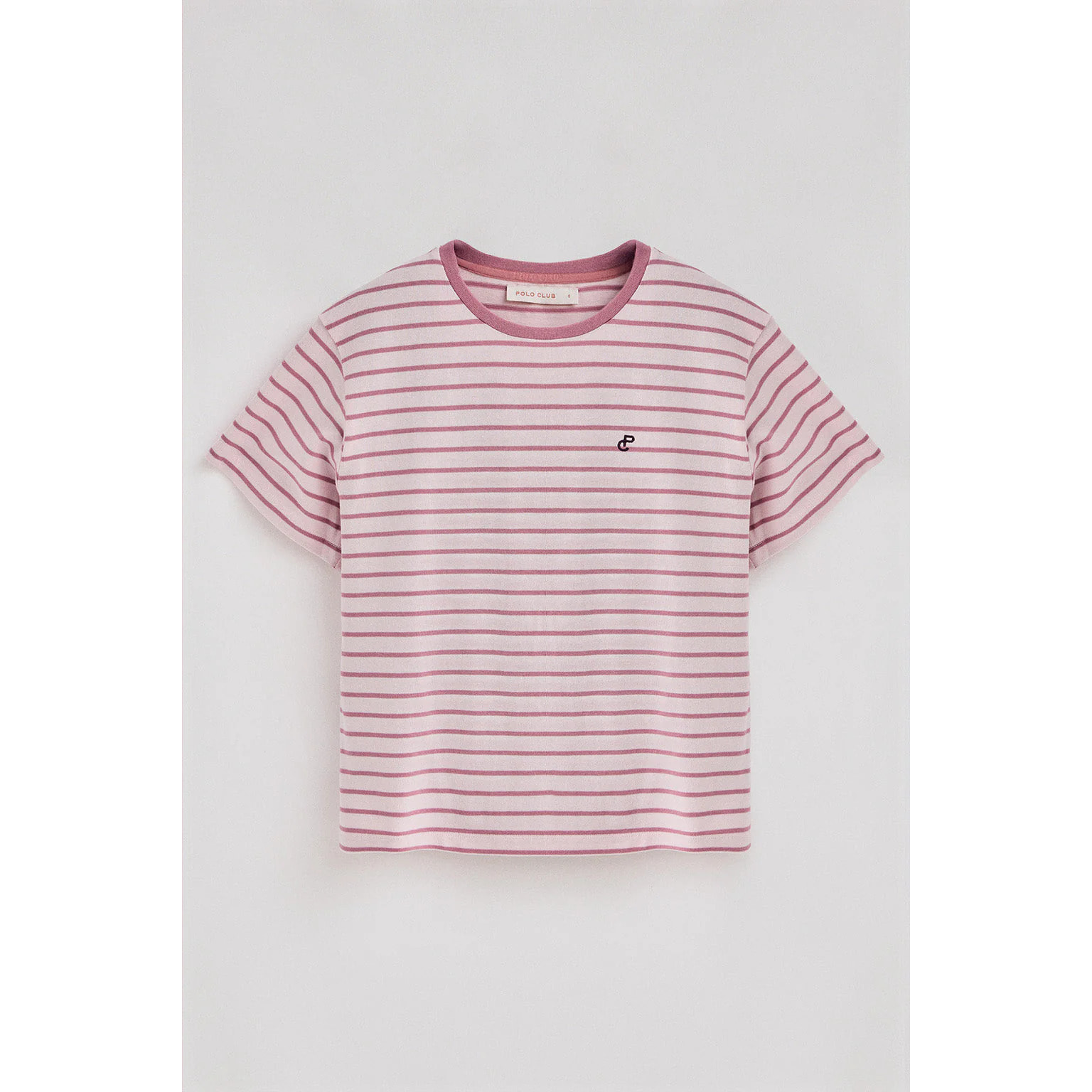 Camiseta de rayas rosa empolvado y beige con monograma bordado