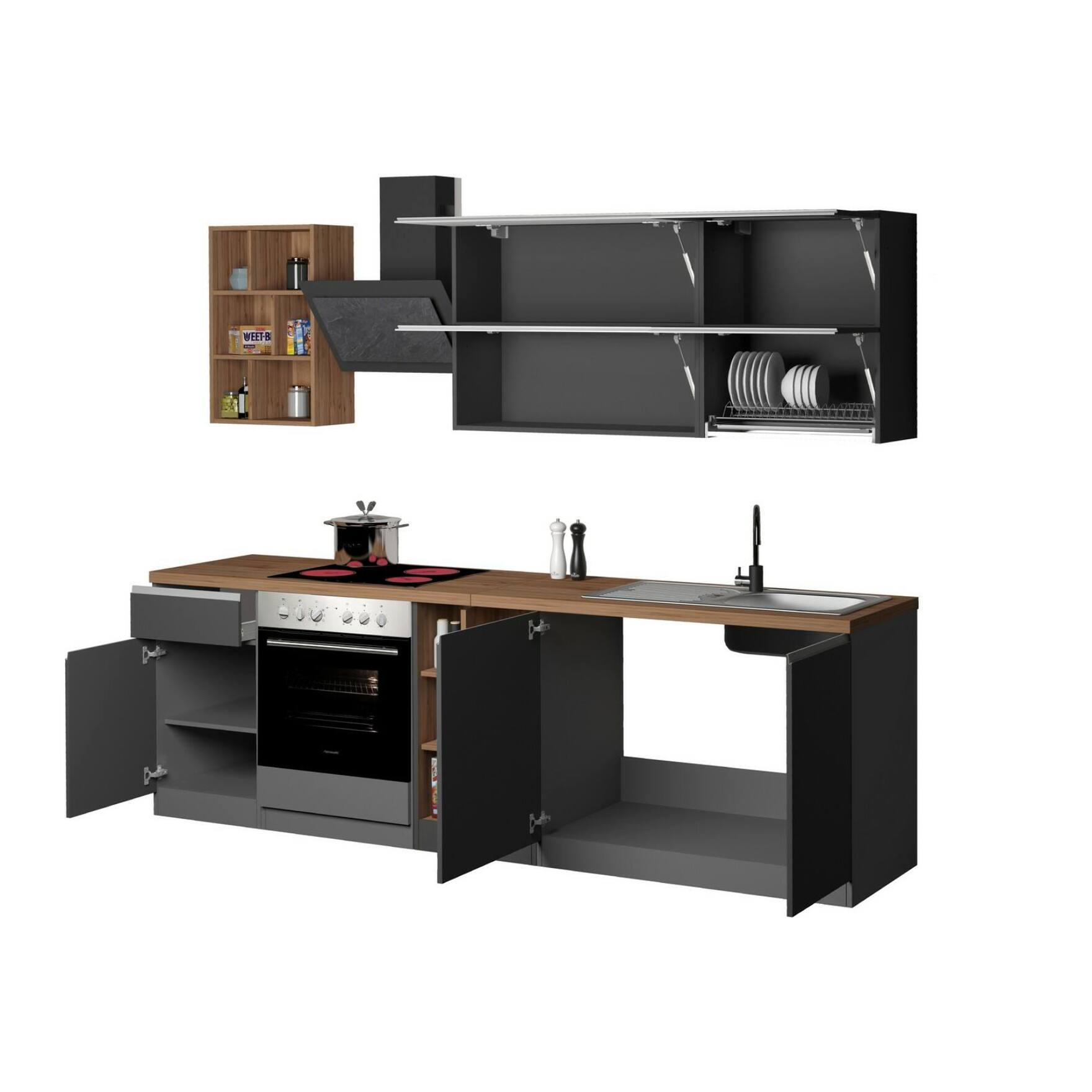 Cucina completa Dcastill, Cucina pratica e salvaspazio, Parete da cucina con 5 ante e 1 cassetto, 100% Made in Italy, 255x60h85 cm, Antracite e Rovere