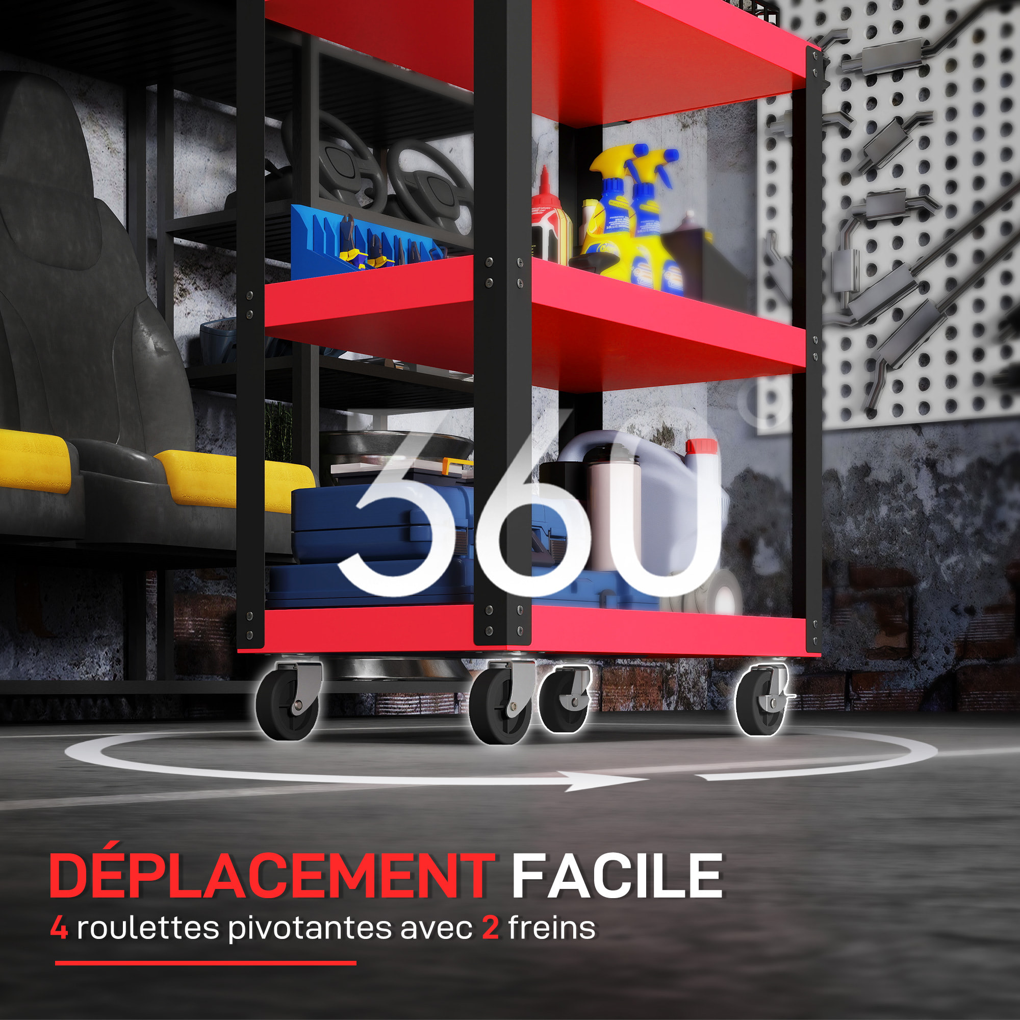 Chariot à outils 3 niveaux - chariot d'atelier servante - max. 120 Kg - métal rouge noir