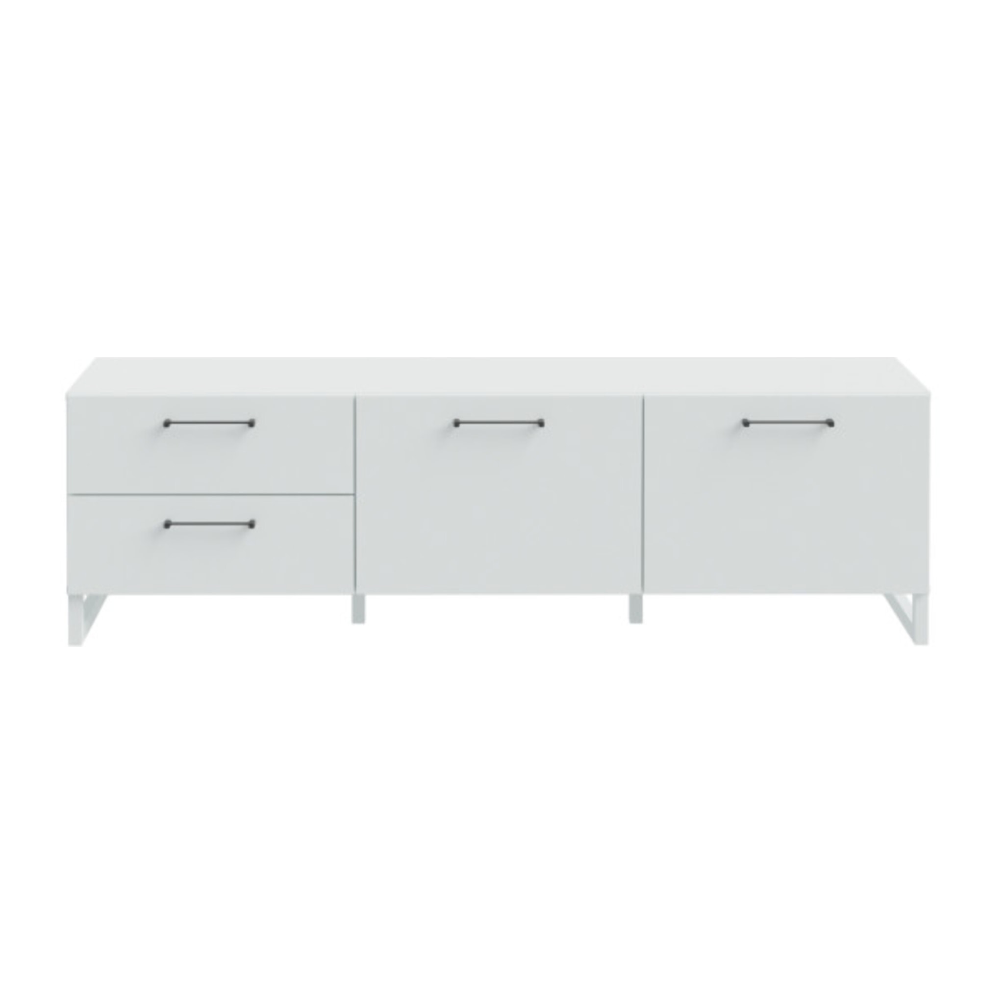 Meuble TV L164cm 2 tiroirs 2 portes soft close gris clair mat - BASIL