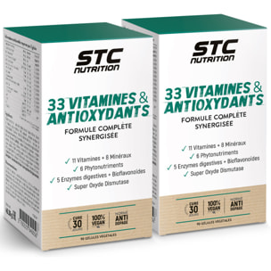 33 Vitamines & Antioxydants - Formule Complète Synergisée - 11 Vitamines + 8 Minéraux + 6 Phytonutriments - 100% Végan - Conforme à la norme anti-dopage - 90 gélules - Lot de 2