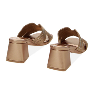 Mules Open Toe rosa-oro in tessuto, tacco 5,5 cm
