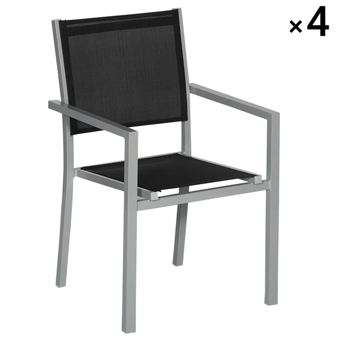 Lot de 4 chaises en aluminium gris - textilène noir