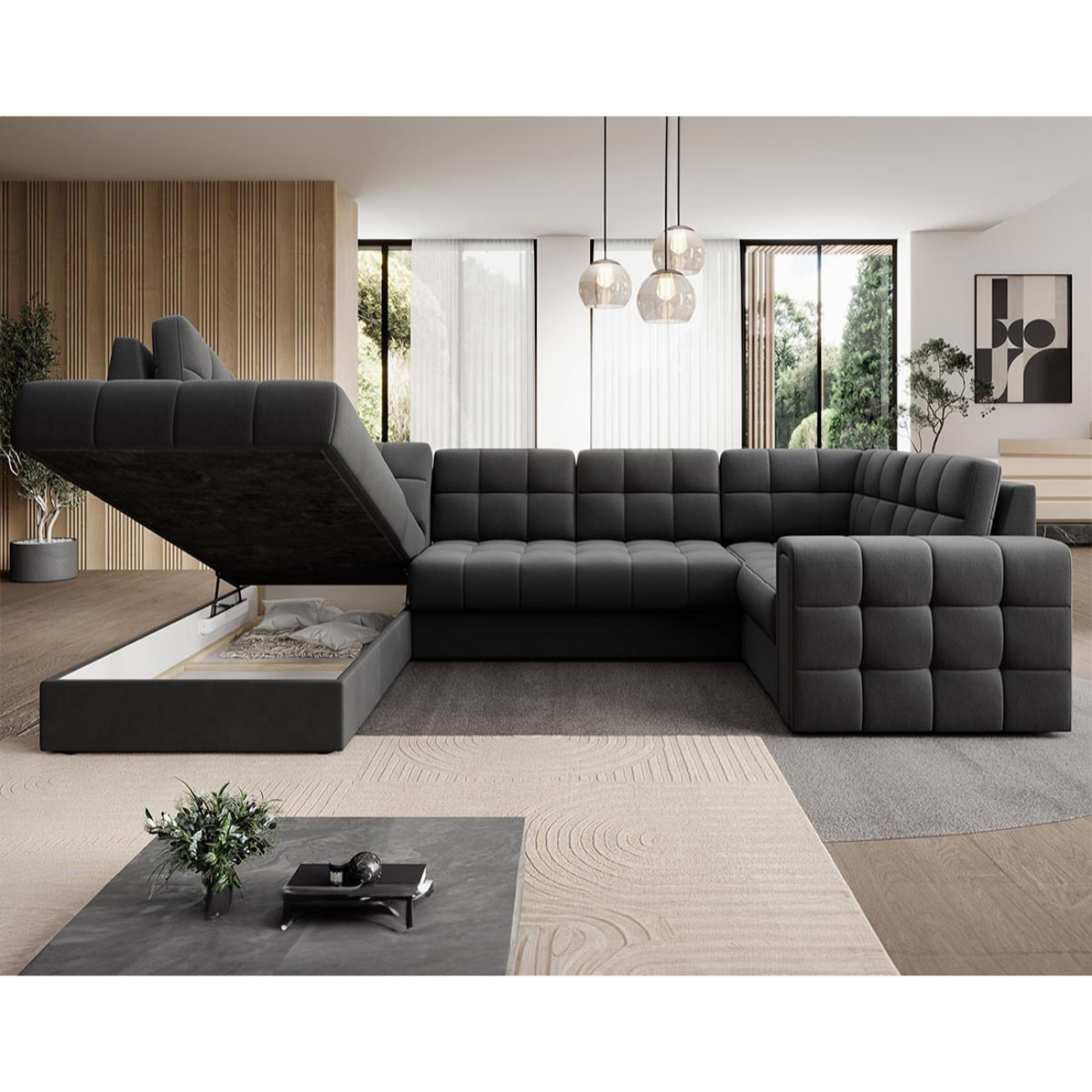 Nappa - Canapé panoramique d'angle droit 7 places convertible avec coffre en velours - Gris