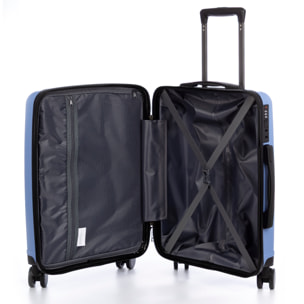 Set di 3 valigie Trolley, in materiale leggero PP resistente alla rottura. Chiusura TSA numerica, 4 ruote doppie girevoli a 360°.