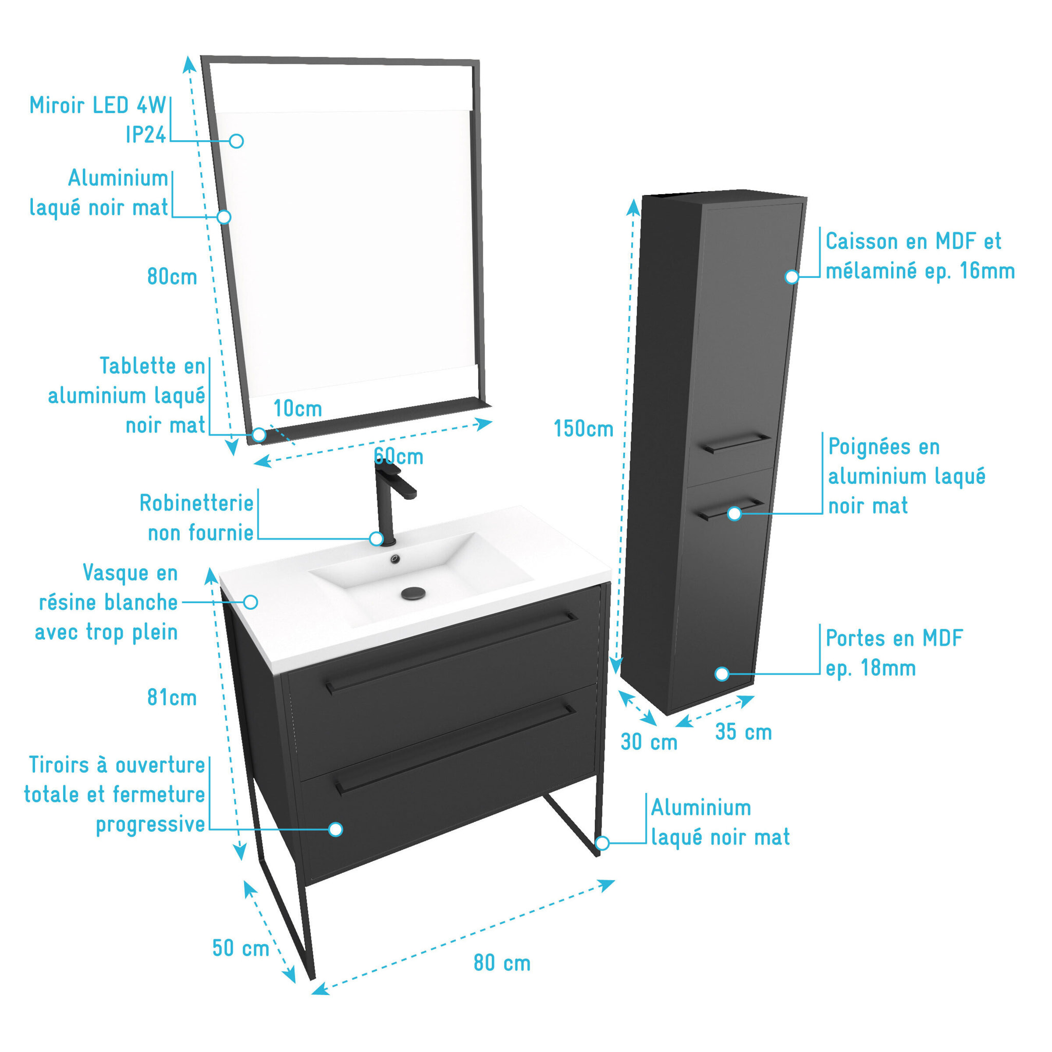 Meuble Salle de Bains 80 cm, Vasque Blanche, Miroir Led et Colonne - Noir - STRUCTURA