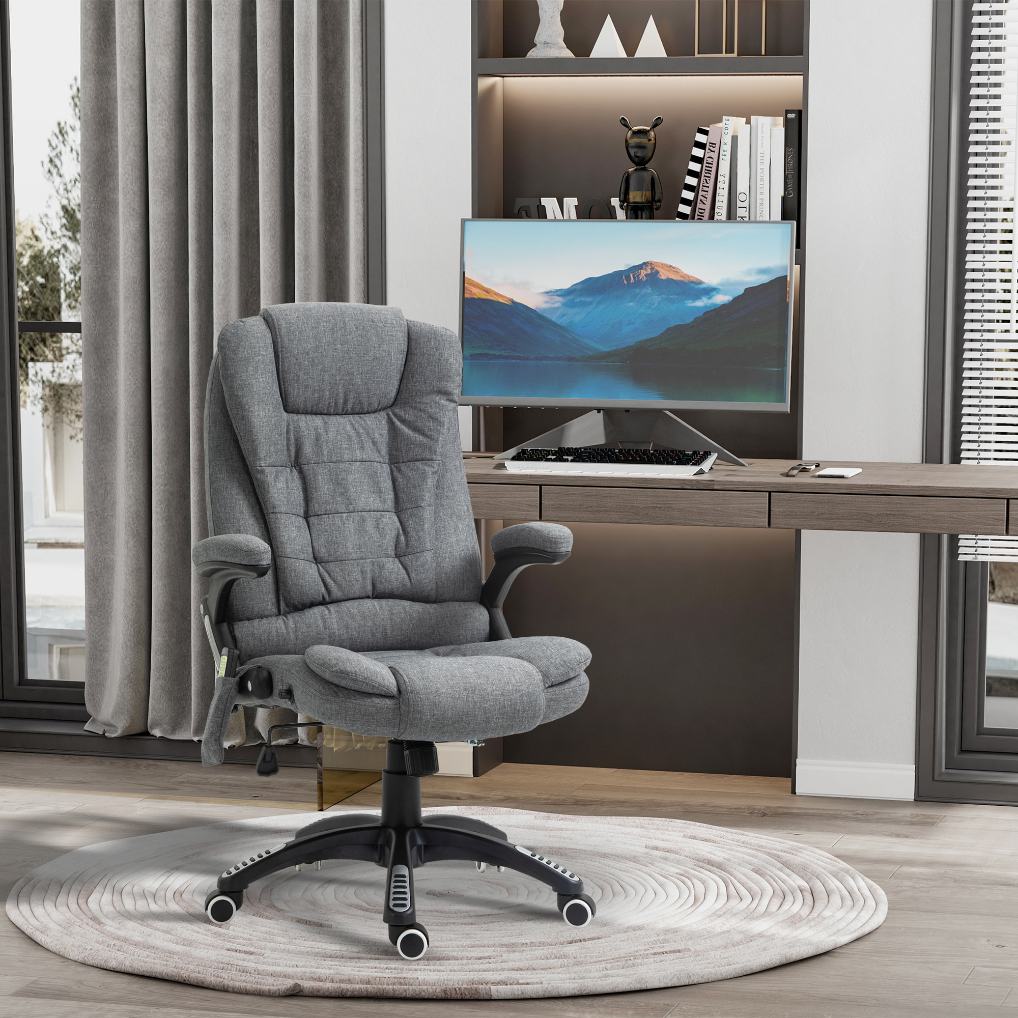 Silla de Masaje con 6 Puntos de Masaje Silla de Escritorio Reclinable hasta 130° con Función de Calefacción Altura Ajustable y Ruedas para Estudio 68x72x110-120 cm Gris