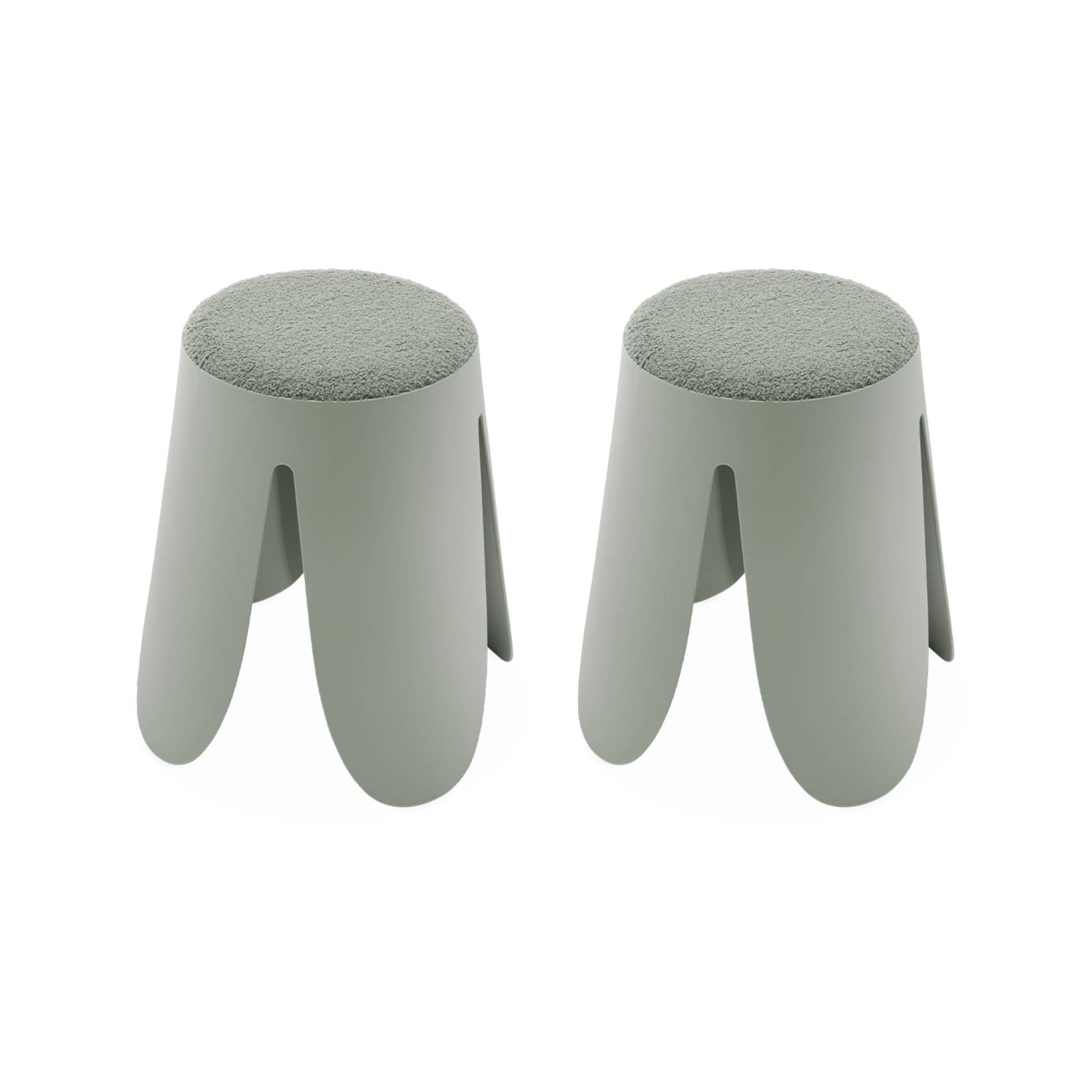 Set de 2 tabourets empilables vert céladon. bouclette texturée. NIKI. Ø30 / 44 x H46cm