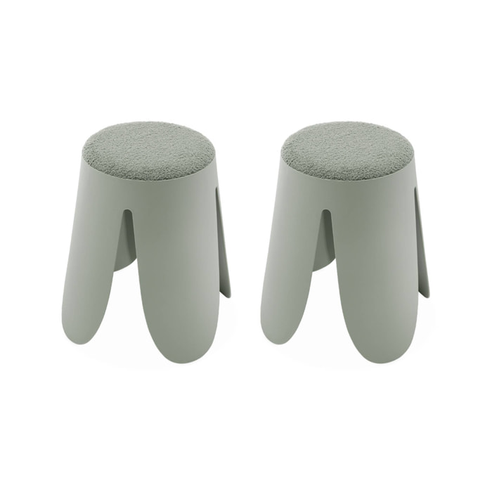 Set de 2 tabourets empilables vert céladon. bouclette texturée. NIKI. Ø30 / 44 x H46cm