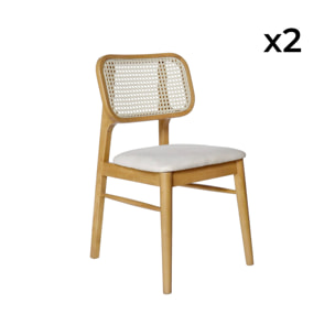 Lot de 2 chaises bois d'hévéa. cannage et tissu beige. bohème. L 43 x P 55 x H 81cm