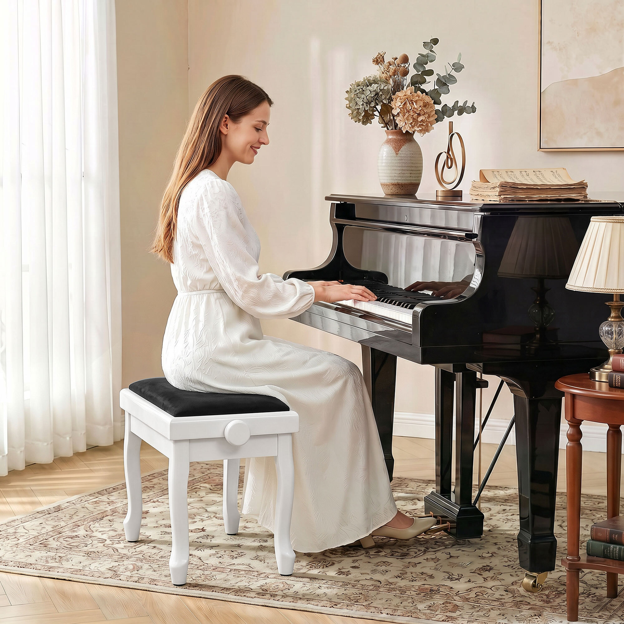 Banc de Piano, Tabouret Piano Réglable en Hauteur 45-56 cm, Siège Rembourré en Velours, Blanc