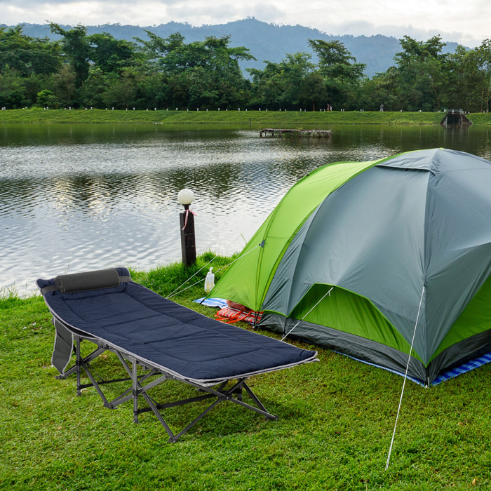 Cama de Camping Plegable Cama de Acampada con Cojín Almohada Bolsillo Lateral Bolsa de Transporte y Marco de Acero Carga 150 kg para Playa Senderismo 188x64,5x53 cm Azul