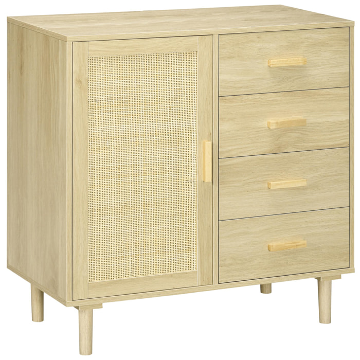 Aparador de Salón Estilo Boho Buffet de Cocina con Puerta de Ratán 4 Cajones y Patas de Madera de Pino para Pasillo Entrada 80x38x80,5 cm Natural