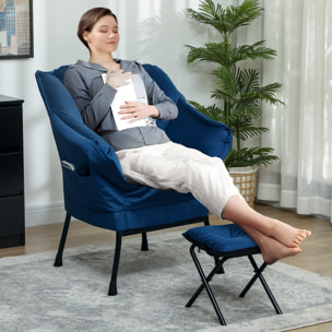Sillón de Salón con Reposapiés Sillón de Relax Butaca para Dormitorio con Bolsillos Laterales y Patas de Acero para Sala de Estar Azul Oscuro