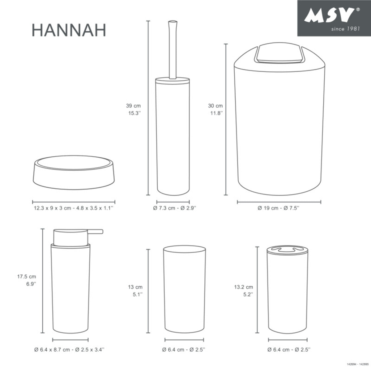Ensemble 6 accessoires PP HANNAH 6 pièces Noir mat MSV