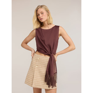 Motivi - Top in voile con nodo e frange - Marrone