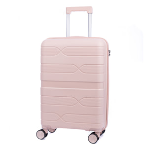 Valigia da cabina trolley in PP resistente alla rottura. Chiusura TSA numerica, 4 ruote doppie girevoli a 360°. 60x38x23 cm.