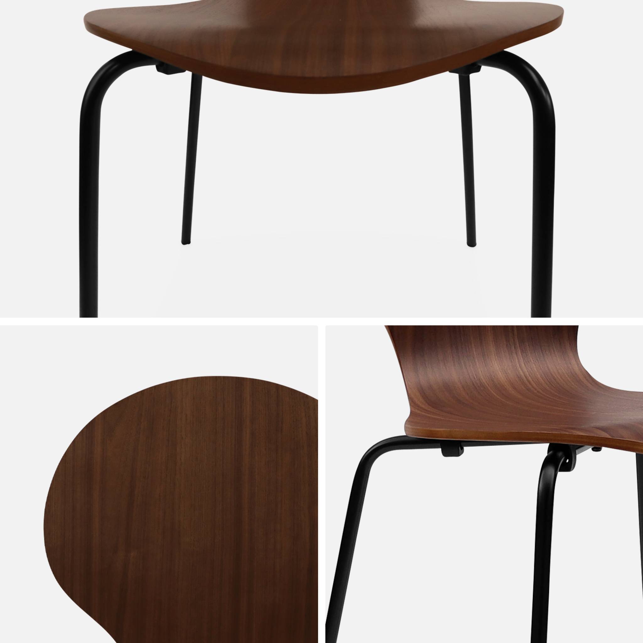 Lot de 4 chaises noyer. rétro empilables. bois d'hévéa et contreplaqué. pieds en acier. Naomi. L 43 x P 48 x H 87cm