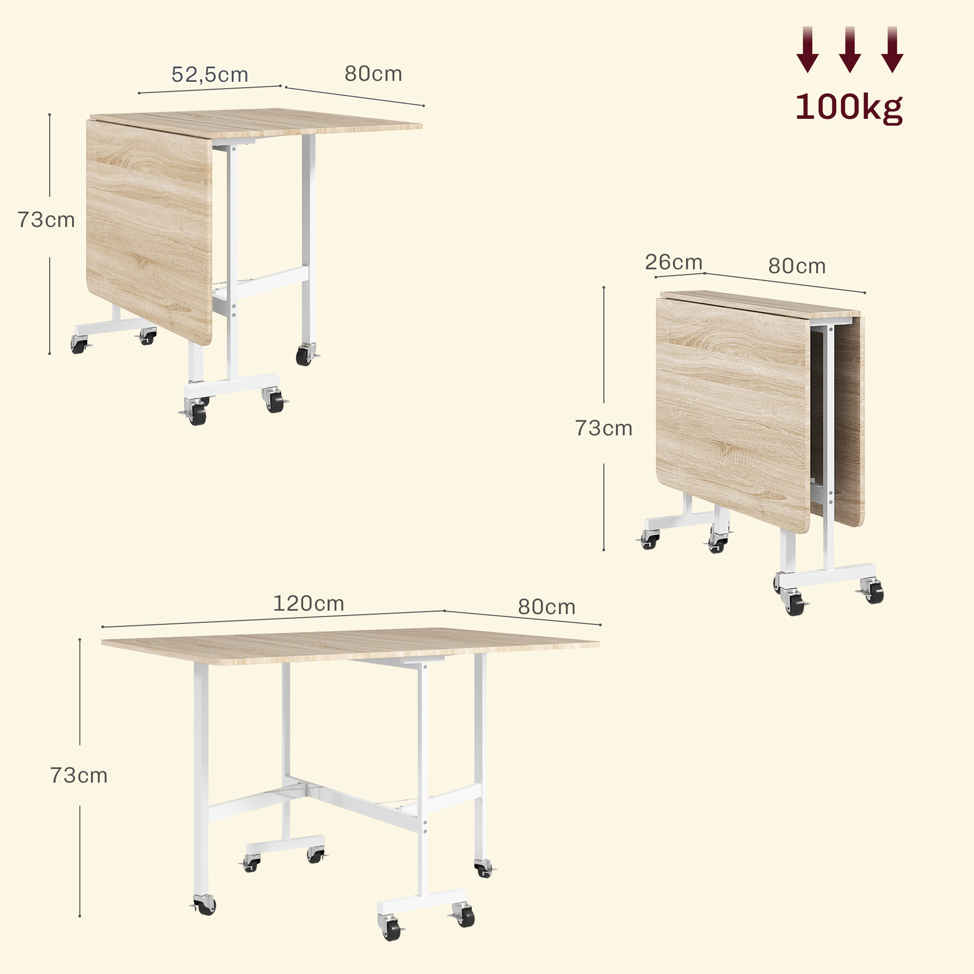 Mesa Plegable de Comedor para 4-6 Personas Mesa de Comedor Plegable con Alas Abatibles y Ruedas Mesa Abatible para Cocina Comedor Sala de Estar 120x80x73 cm Roble