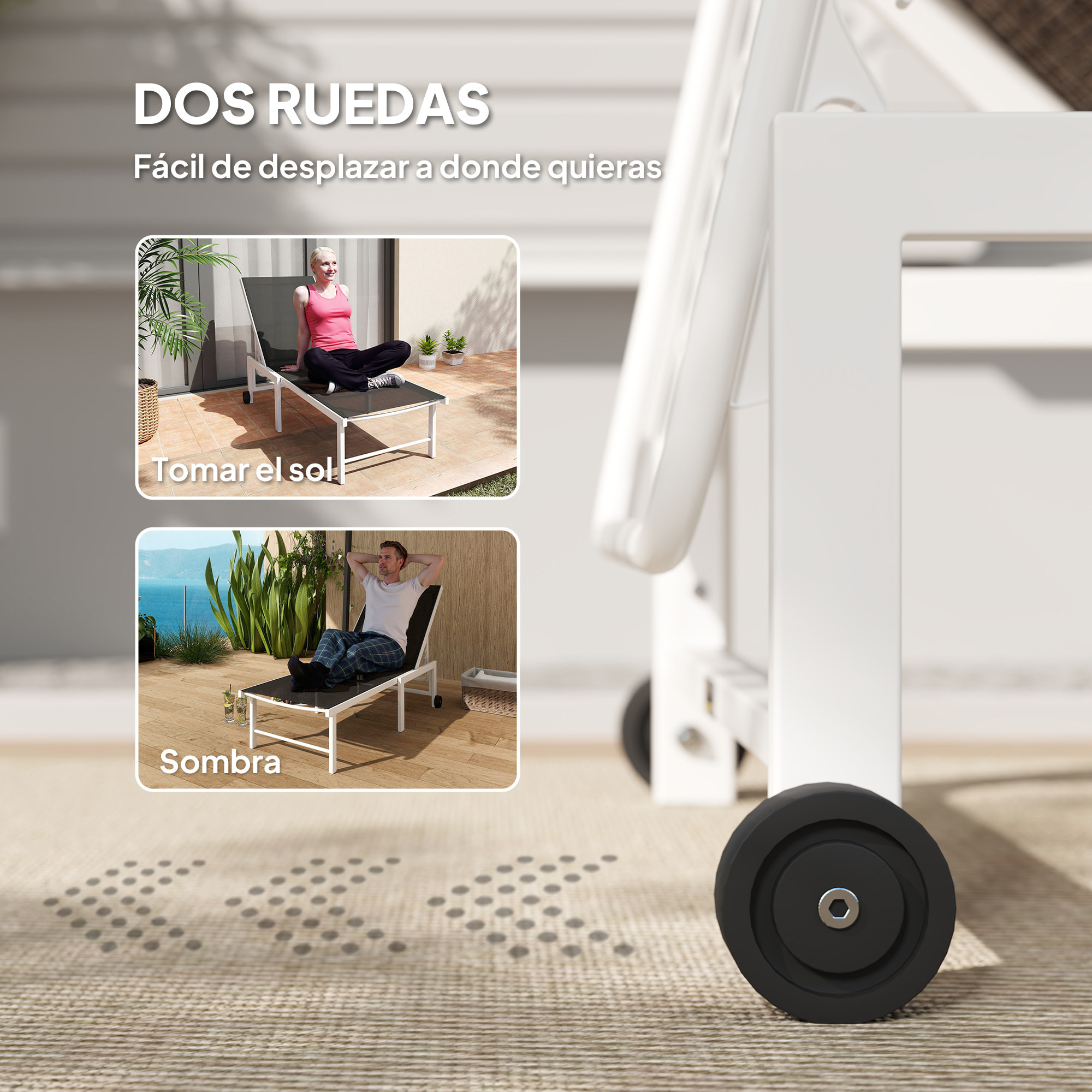 Tumbona Reclinable Tumbona Jardín Exterior con Ruedas Respaldo Ajustable en 5 Niveles y Estructura de Acero Carga 120 kg para Patio Terraza Balcón 166x60x84 cm Marrón