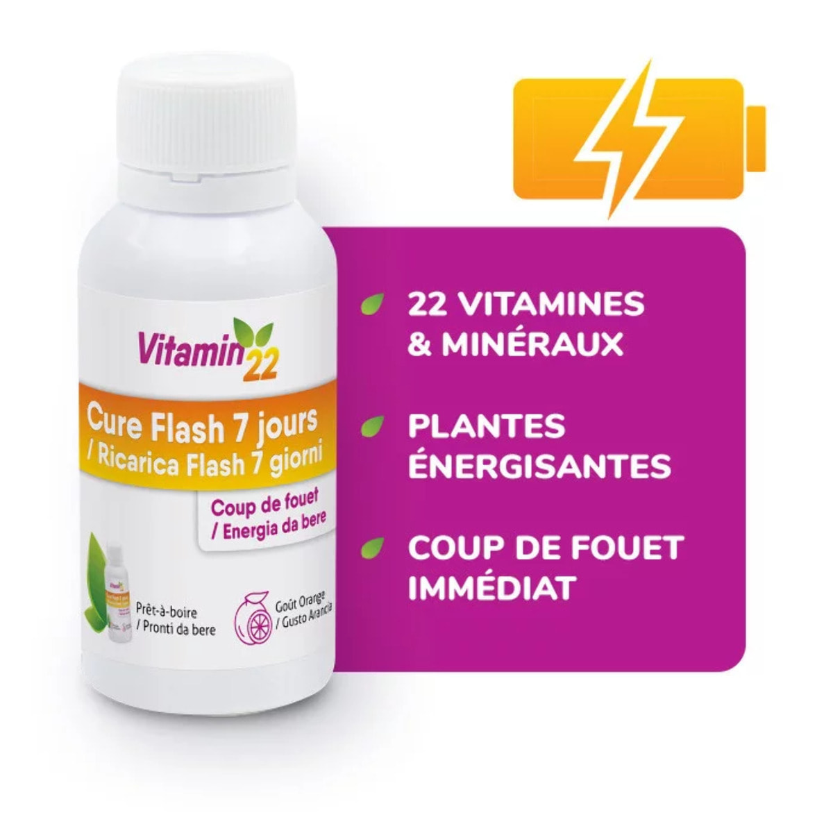 VITAMIN 22 - Cure Flash 7 jours - Formule exclusive coup de fouet - Vitamines + Minéraux + Oligo-éléments - Etui 7 flacons unidoses de 30ml