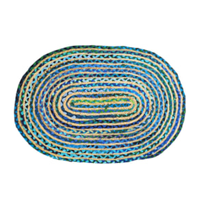 Tapis en jute tressée ovale bleu vert artisanat indien 90cm - SINNAR