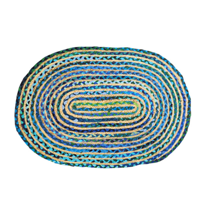 Tapis en jute tressée ovale bleu vert artisanat indien 90cm - SINNAR