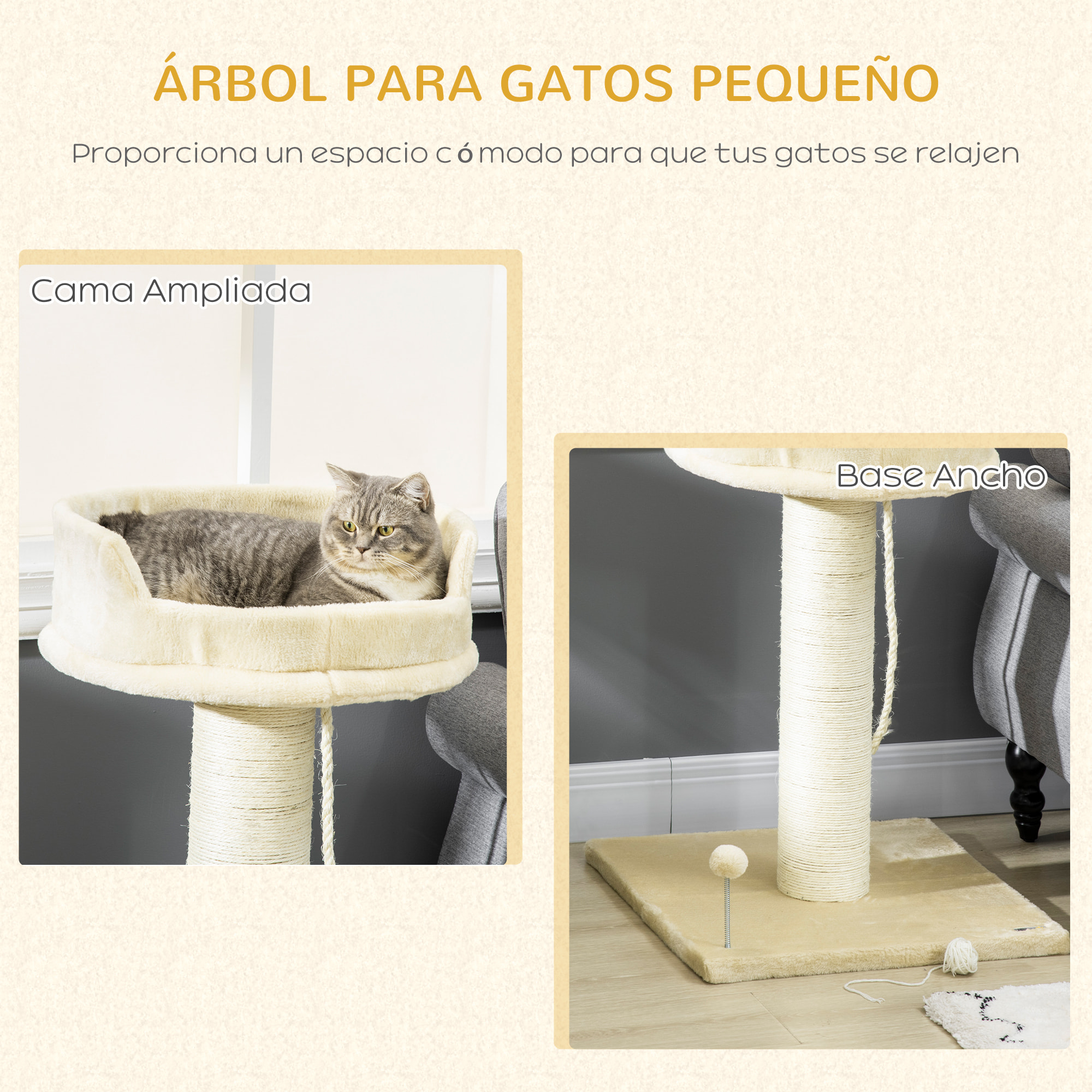 Árbol Rascador para Gatos Mini Árbol para Gatos de 2 Niveles con Plataforma Bola con Muelle Cuerda Colgante y Poste de Sisal 55x55x83 cm Beige