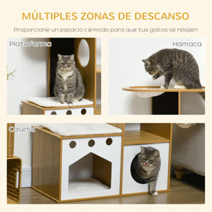 Árbol Rascador para Gatos de Madera 92,5 cm Torre para Gatos para Gatitos de Interior con 2 Cuevas Rascador Hamaca y Cojines de Felpa 76x37x92,5 cm Roble