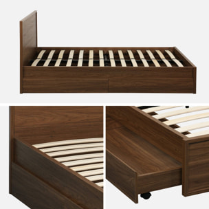 Lit avec sommier à lattes et tête de lit 140 x 190cm + 4 tiroirs décor bois KUBA