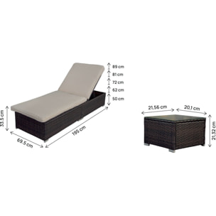 Lot de 2 bains de soleil en résine tressée avec coussins et table basse "Alice" - Marron
