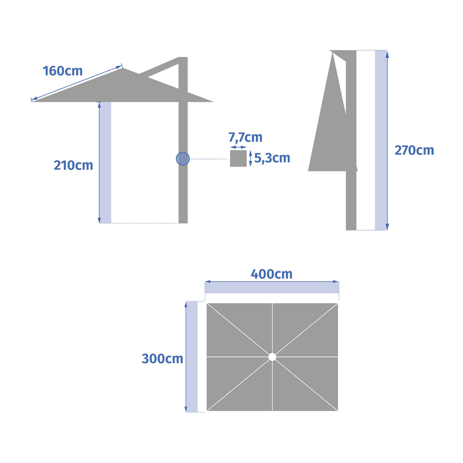 Parasol déporté rectangulaire "Équador" Pétrole 4 x 3m en aluminium et polyester
