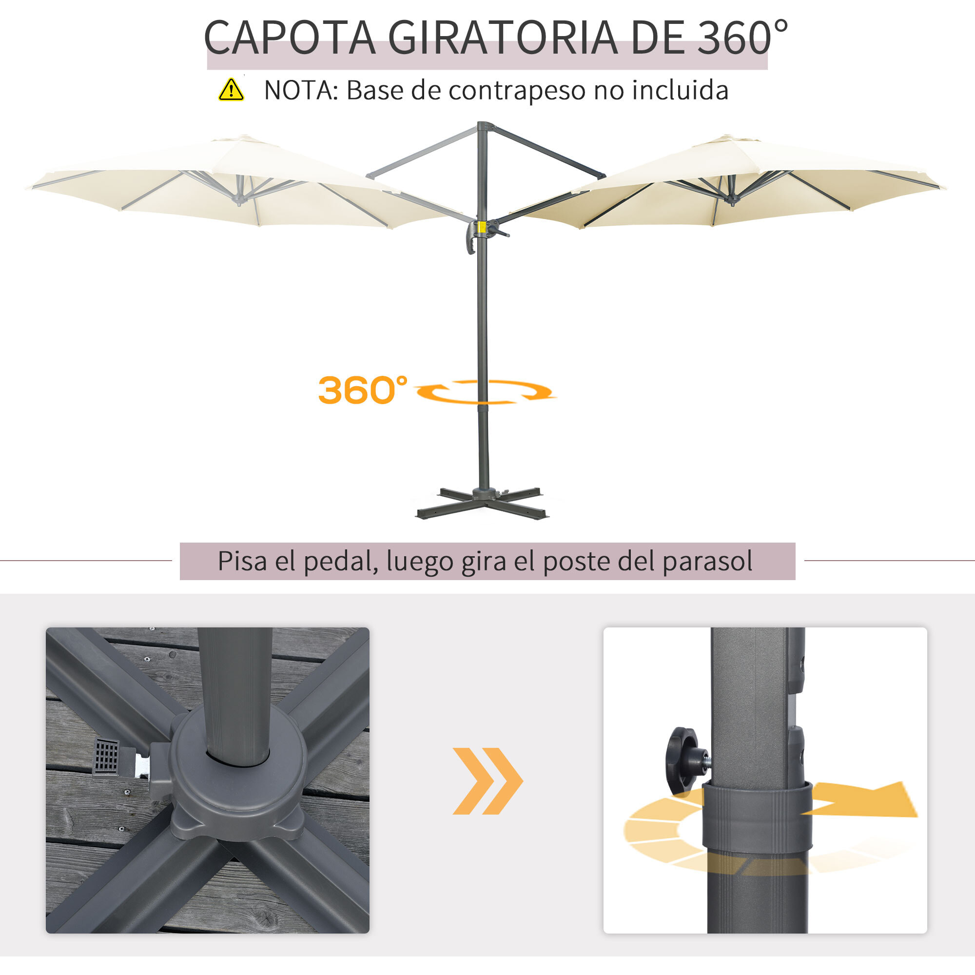 Sombrilla de Jardín Ø300x250 cm Parasol Excéntrico de Aluminio con Manivela Toldo Inclinable Giratorio 360° con Pedal y Base Cruzada para Patio Terraza Crema