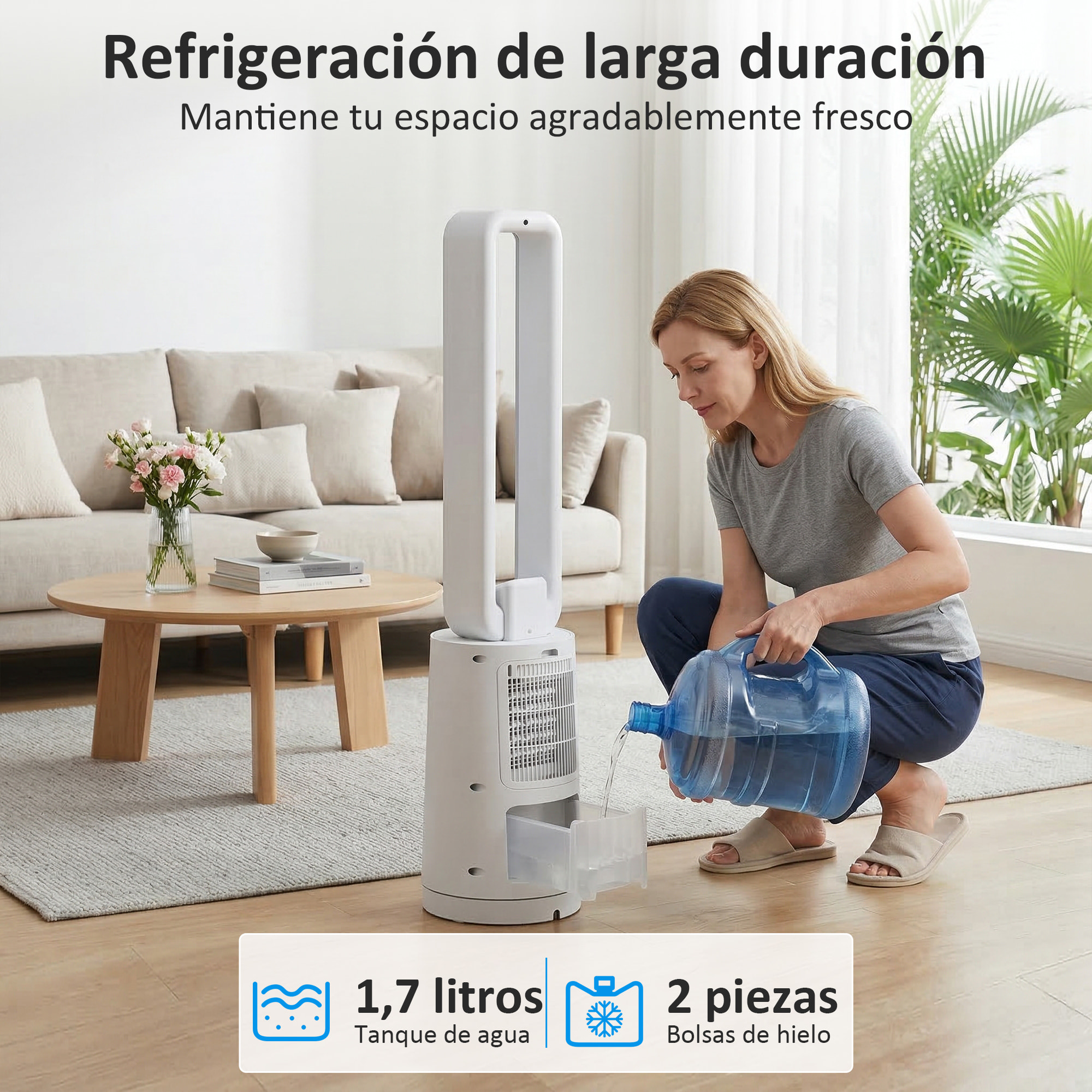 Climatizador Evaporativo 3 en 1 sin Aspas Enfriador de Aire 90 W Depósito de 1,7L Temporizador hasta 15H 3 Velocidades 4 Modos Oscilación 70° Mando a Distancia Cajas de Hielo para Hogar Blanco