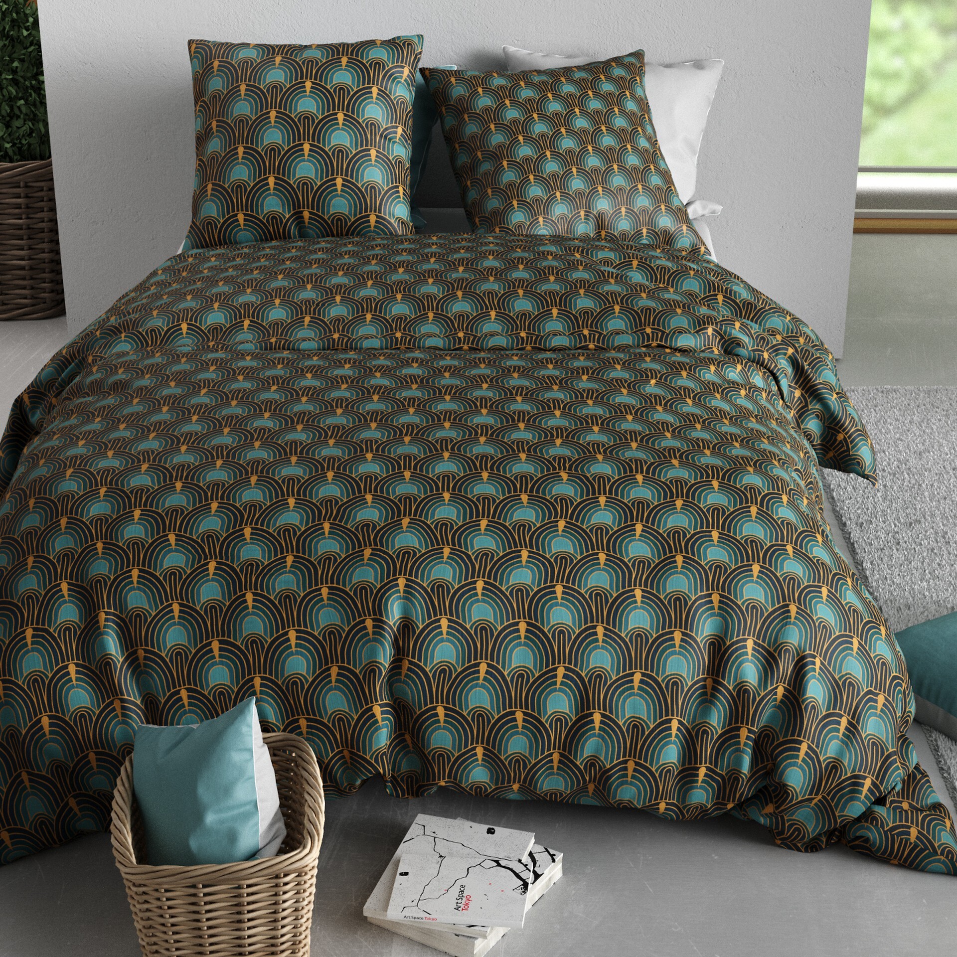 Parure housse de couette imprimée 220x240cm + 2 Taies 100% coton 57fils ROMANA