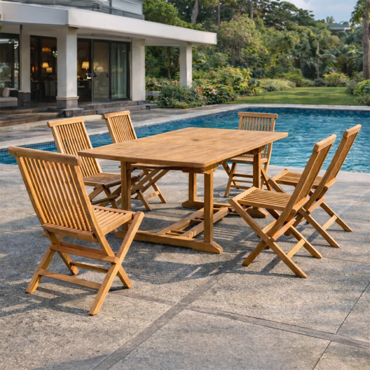 Table de jardin rectangulaire et 6 chaises en teck ADAGNA