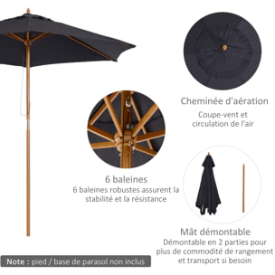 Parasol droit hexagonal grande taille de jardin Ø 2,5 x 2,3H m bois de bambou noir