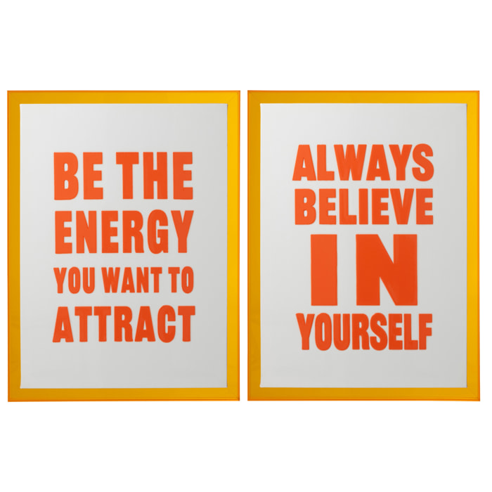 J-Line Tableau de Citations Energy/Believe - toile - blanc/orange fluo - 2 pièces